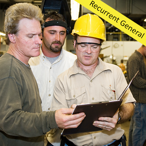 Factory worker and foreman discuss inspection report with auditor. Recurrent general course.