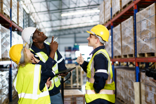 Three safety employees inspecting an issue in the warehouse